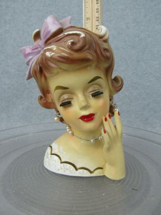 6 " Vintage Rubens Japan Lady Head Vase Wearing Pearls And Lavender Bow