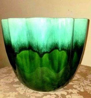 Hull Pottery Large Blue Green Drip Planter Vase Vintage Usa 427 Ruffled Beauty
