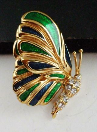 Vintage Krementz Green,  Blue Enamel Butterfly Pin Brooch W/rhinestones