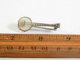 Vintage Sterling Silver Banjo Pin Brooch With Mother Pearl 1.  5 Inches