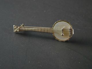 Vintage Sterling Silver BANJO Pin Brooch with Mother Pearl 1.  5 Inches 2