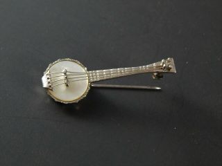 Vintage Sterling Silver BANJO Pin Brooch with Mother Pearl 1.  5 Inches 3