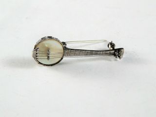 Vintage Sterling Silver BANJO Pin Brooch with Mother Pearl 1.  5 Inches 4