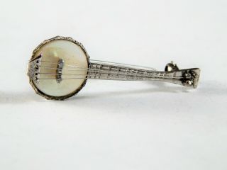 Vintage Sterling Silver BANJO Pin Brooch with Mother Pearl 1.  5 Inches 5