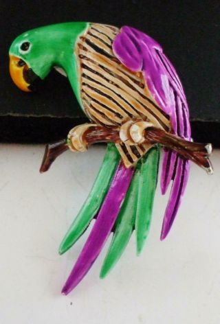 Pretty Vintage Enamel Parrot Bird Pin Brooch In Green Purple & Tan Enamel