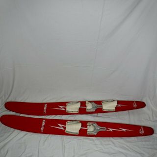 Lightning Lake Region Vintage Wooden Water Skis Wide Kids Child Wakeski Set