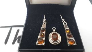 Vintage Sterling 925 Silver Amber Earrings And Pendant.  { Not Scrap.  }
