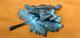 Vtg Door Knocker / Frog On Maple Leaf /bronze Verdigris Patina