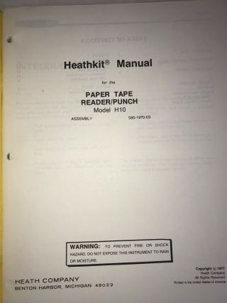 Heath H10 Paper Tape Reader/Punch Assembly and Operation Manuals (Heathkit H8) 3