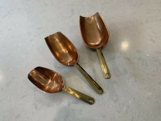 Vintage Copper 3 Piece Measuring Scoop Set Riveted Brass Handles,  2,  3 & 7 Ounce