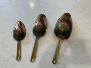 Vintage Copper 3 Piece Measuring Scoop Set Riveted Brass Handles,  2,  3 & 7 Ounce 3