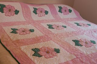 Vintage Cotton Hand Stitched Applique Quilt Posies W Pink And Green
