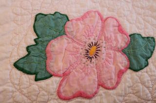 Vintage Cotton Hand Stitched Applique Quilt Posies w Pink and Green 3