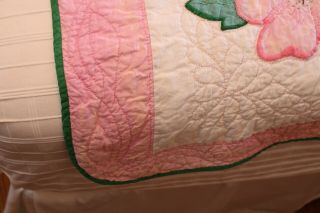 Vintage Cotton Hand Stitched Applique Quilt Posies w Pink and Green 4