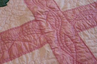 Vintage Cotton Hand Stitched Applique Quilt Posies w Pink and Green 5