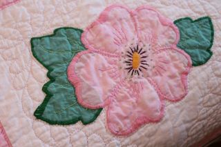 Vintage Cotton Hand Stitched Applique Quilt Posies w Pink and Green 6