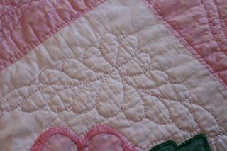 Vintage Cotton Hand Stitched Applique Quilt Posies w Pink and Green 7