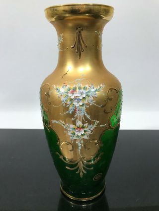 Vtg Hand Painted Murano 24k Gold & Green Decorative Art Glass Vase