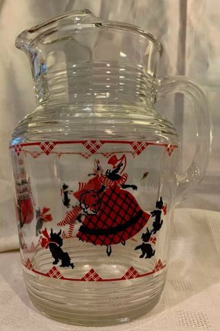 Vintage Scottie Dog Glass Pitcher Beverage Scotty Scottish Sunbonnet Lady