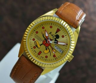 Vintage Citizen Mickey Mouse Gold Plated Day Date 21 Jewels Men 