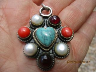 Vintage Southwestern Sterling Silver Pendant Cluster Turquoise Heart Coral Pearl