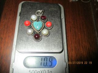 VINTAGE SOUTHWESTERN STERLING SILVER PENDANT CLUSTER TURQUOISE HEART CORAL PEARL 3
