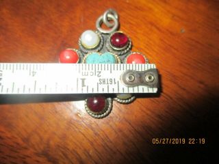 VINTAGE SOUTHWESTERN STERLING SILVER PENDANT CLUSTER TURQUOISE HEART CORAL PEARL 4