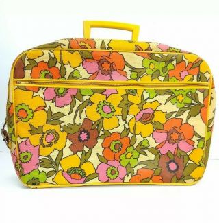 Vintage Bantam Travelware Overnight Suitcase Mustard Yellow Floral Flowers 70s