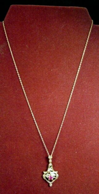 Vintage 10 K Gold Esemco Necklace With Chain Red Garnet