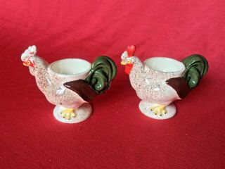 Pair Vintage Egg Cup Ceramic Egg Holders Coddlers Roosters 1950 