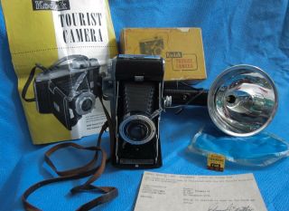 Vtg Kodak Tourist Camera F/8.  8 Flash Attachment Box Instructions Strap 620 Film