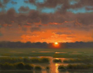 Oil Painting Landscape Vintage Art Signed Impressionist Marsh Sunset Max Cole