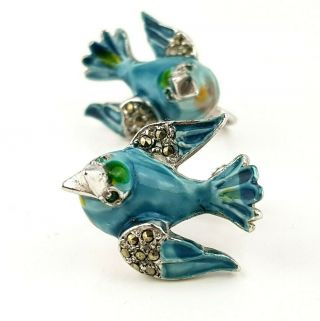 Gorgeous Vintage Costume Jewellery Enamel & Marcasite Blue Bird Screw Earrings