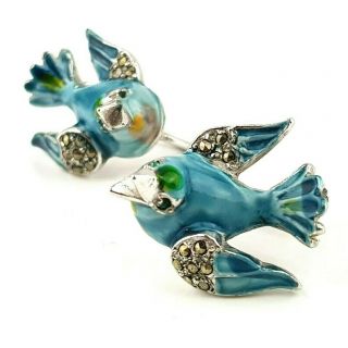 Gorgeous Vintage Costume Jewellery Enamel & Marcasite Blue Bird Screw Earrings 2