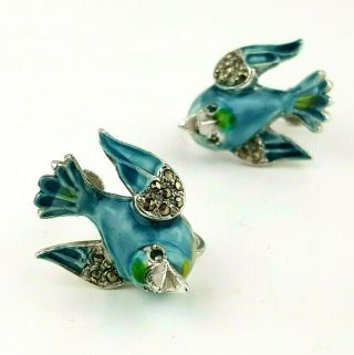 Gorgeous Vintage Costume Jewellery Enamel & Marcasite Blue Bird Screw Earrings 5