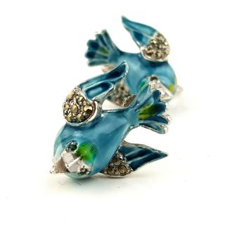 Gorgeous Vintage Costume Jewellery Enamel & Marcasite Blue Bird Screw Earrings 6