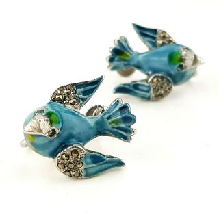Gorgeous Vintage Costume Jewellery Enamel & Marcasite Blue Bird Screw Earrings 7