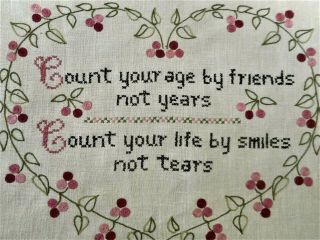 Count Your Life By Smiles Vintage Finished Cherry Heart Hand Embroidery Sampler