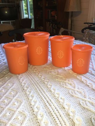 Set Of 4 Vintage Harvest Orange Tupperware Nesting Canisters Servalier Lids