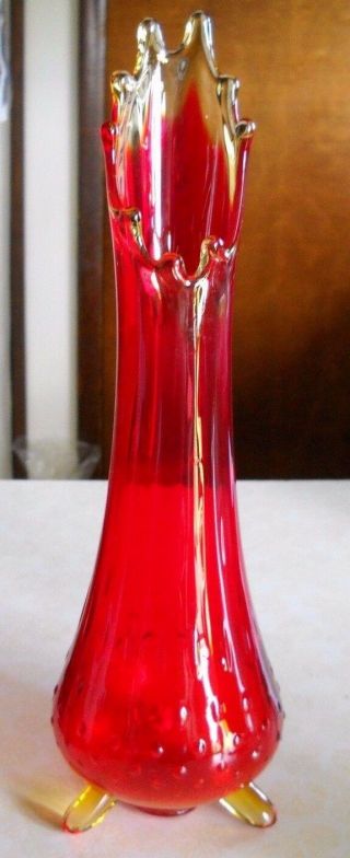 Vtg Fenton Ruby Red With Amber Footed Hobnail Vase 12 1/2  Tall
