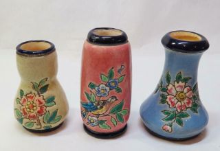 3 Art Deco Vintage Decore A La Main Longwy France Faience Miniature Vases