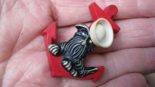 Vintage Plastic Red Anchor With Black Scottie/terrier Dog Sailor Brooch/pin