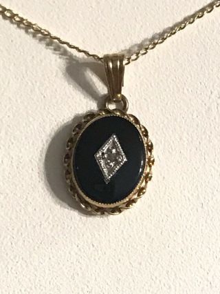 Vintage 14k Yellow Gold Onyx & Diamond Art Deco Pendant With 15 " Necklace 1.  7 Gr