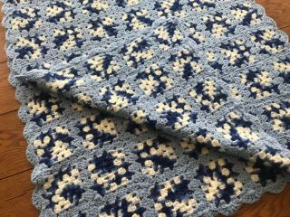 Vintage Granny Square Crochet Blanket Throw Handmade Blue 36 X 75 Scallop Edge