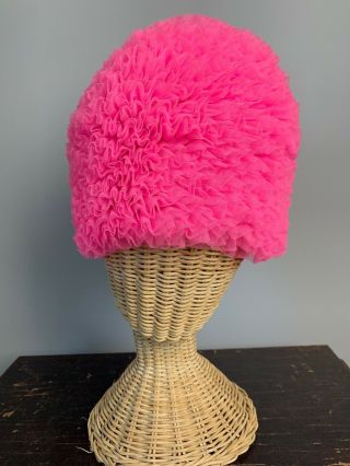 Vintage Swim Cap Hat Hot Pink Ruffles 50s 60s One Size