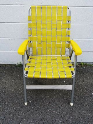Vintage Folding Aluminum Chair Webbed Patio Lawn Chair Yellow Plastic Armrests