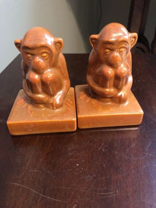 Vintage Rookwood Pottery Ape Monkey Statue Figure Baby Chimpanzee Bookends Pair