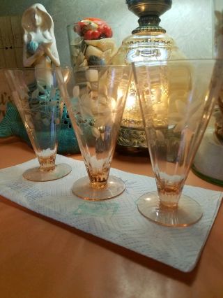 Set Of 3 Vintage Etched Pink Depression Glass Glasses Footed Ice Tea Floral