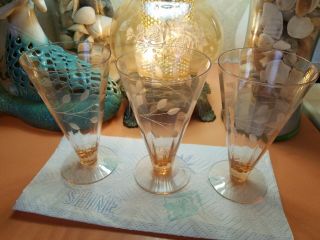 Set Of 3 vintage Etched Pink Depression Glass Glasses footed ice tea floral 2