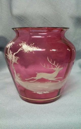 Vintage Fenton Art Glass Cranberry Mary Gregory Vase W/hpainted Deer